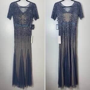 NWT ADRIANNA PAPELL SEQUIN BEADED GOWN GUNMETAL GRAY NUDE GODDESS MAXI
